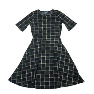 *Modcloth Dress Womens Size M Black Knit Windowpane Metallic Gold Fit & Flare